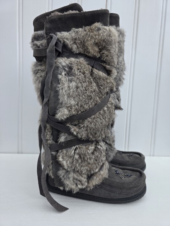Manitobah Mukluks Shoes - Manitobah Mukluks Tall Wrap Winter Snow Boots Charcoal Grey Rabbit Fur Size W6